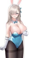 Rule 34 | 1girl, absurdres, animal ears, asuna (blue archive), asuna (bunny) (blue archive), bare shoulders, blue archive, blue eyes, blue leotard, blush, bow, bowtie, breasts, brown pantyhose, cleavage, detached collar, elbow gloves, fake animal ears, gloves, hair over one eye, highleg, highleg leotard, highres, large breasts, leotard, light brown hair, long hair, looking at viewer, mole, mole on breast, pantyhose, playboy bunny, rabbit ears, thighs, tio (005), traditional bowtie, white gloves