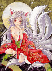 Rule 34 | 1girl, animal ears, bad id, bad pixiv id, bare shoulders, blush, breasts, face, finger to mouth, fox ears, fox tail, japanese clothes, kimono, long hair, looking at viewer, multiple tails, off shoulder, original, red eyes, silver hair, smile, solo, tail, toyoda izumi, very long hair