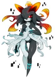 Rule 34 | 1girl, bad id, bad tumblr id, breasts, colored sclera, creatures (company), crossover, full body, fusion, game freak, gen 3 pokemon, glowing, hair over one eye, highres, kirlia, long hair, markings, midna, navel, nintendo, pokemon, pokemon (creature), red eyes, slugbox, small breasts, solo, the legend of zelda, the legend of zelda: twilight princess, thigh gap, transparent background, yellow sclera