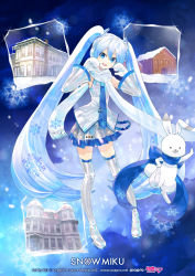 Rule 34 | 1girl, blue background, blue eyes, blue hair, blue necktie, blue scarf, boots, building, character name, commentary, detached sleeves, earmuffs, full body, grey skirt, grey sleeves, grey thighhighs, hair ornament, hands up, hatsune miku, headset, highres, kei (keigarou), light blue hair, logo, long hair, looking at viewer, mittens, necktie, official art, open mouth, rabbit, rabbit yukine, scarf, second-party source, shiny clothes, shirt, skirt, sleeveless, sleeveless shirt, smile, snowflake background, snowflake print, snowflakes, thigh boots, thighhighs, twintails, upper body, very long hair, vocaloid, white mittens, white scarf, white shirt, yuki miku, yuki miku (2011)