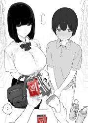 Rule 34 | ..., 1boy, 1girl, ?, age difference, bag, banknote, blush, bob cut, bottle, breasts, buying condoms, collared shirt, commentary, condom box, drink, full-face blush, highres, indoors, large breasts, mole, mole on neck, money, monochrome, okamoto condoms, original, polo shirt, pov, pov hands, school bag, school uniform, shinjiro, shirt, shirt tucked in, shop, shopping, short hair, speech bubble, spoken ellipsis, spoken question mark, spot color, sweat, tented shirt, wallet, white background