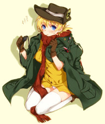 Rule 34 | 1girl, adapted costume, black hat, blonde hair, blue eyes, blush, boots, breasts, brown footwear, brown gloves, cosplay, emblem, eyepatch, gloves, green shirt, hat, hellsing, holding, kayama (fukayama), large breasts, low twintails, military, military uniform, open mouth, panties, pip bernardotte, scarf, seiza, seras victoria, shirt, short hair, simple background, sitting, skirt, sleeves rolled up, solo, sweat, taut clothes, taut shirt, thighhighs, twintails, underwear, uniform, vampire, white panties, white thighhighs, yellow shirt, zettai ryouiki