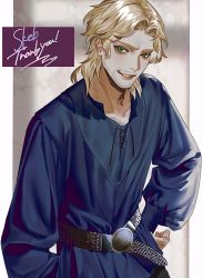 Rule 34 | 1boy, blonde hair, commission, green eyes, highres, janne falk, looking at viewer, male focus, medieval clothing, original, simple background, skeb commission, smile, solo