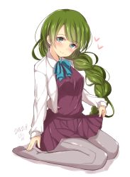 Rule 34 | 10s, 1girl, blue eyes, blush, bow, bowtie, braid, breasts, collared shirt, dated, from side, full body, green hair, grey pantyhose, heart, jiino, kantai collection, light smile, long hair, long sleeves, looking at viewer, miniskirt, mole, mole under mouth, no shoes, open clothes, open shirt, pantyhose, pleated skirt, purple skirt, school uniform, shadow, shirt, signature, simple background, single braid, sitting, skirt, skirt hold, small breasts, smile, solo, spoken heart, swept bangs, very long hair, wariza, white background, white shirt, yuugumo (kancolle)