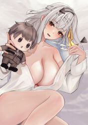 Rule 34 | 1girl, 462vvv, :d, absurdres, bandaged head, bandages, breasts, character doll, cleavage, commander (nikke), goddess of victory: nikke, grey hair, hair ribbon, highres, large breasts, long hair, looking at viewer, lying, modernia (first affection) (nikke), modernia (nikke), off-shoulder shirt, off shoulder, official alternate costume, on bed, on side, open mouth, red eyes, ribbon, shirt, sidelocks, smile, solo, white shirt, yellow ribbon