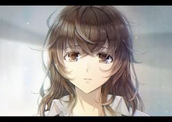 Rule 34 | 1girl, blush, brown eyes, brown hair, collared shirt, commentary request, hair between eyes, head tilt, highres, letterboxed, long hair, looking at viewer, messy hair, mono lith, original, parted lips, portrait, shirt, sidelocks, solo, white shirt