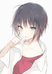 Rule 34 | 1boy, :q, ahoge, androgynous, black hair, blouse, blue eyes, closed mouth, collarbone, food, food on face, hair between eyes, hand up, looking at viewer, lpip, male focus, original, oversized clothes, oversized shirt, red shirt, shirt, short hair, simple background, smile, solo, tomboy, tongue, tongue out, upper body, white background