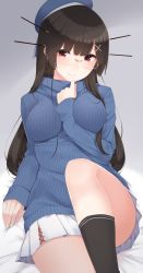 Rule 34 | 10s, 1girl, absurdres, arm between breasts, beret, between breasts, black hair, blue sweater, blunt bangs, blush, breasts, choukai (kancolle), eyebrows, food, glasses, hair ornament, hair over shoulder, hat, highres, kantai collection, knees up, light smile, long hair, looking at viewer, medium breasts, miniskirt, pleated skirt, pocky, red eyes, ribbed sweater, rimless eyewear, sitting, skirt, smile, solo, straight hair, sweater, thighs, turtleneck, turtleneck sweater, yukichi (sukiyaki39)