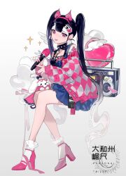 Rule 34 | 1girl, absurdres, animal, bare legs, black hair, black ribbon, blue skirt, dog, earrings, gillannn, grey background, hair between eyes, hair ornament, hairclip, highres, holding, holding microphone, jacket, jewelry, light blush, long hair, looking at viewer, microphone, mini wings, mobile, nail polish, open mouth, original, pink eyes, pink nails, radio, ribbon, simple background, sitting, skirt, smile, solo, sparkle, tattoo, teeth, twintails, wings
