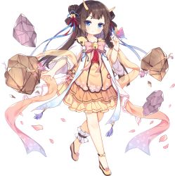 Rule 34 | 1girl, ark order, bell, blue eyes, bow, bracelet, branch, bridal garter, brown hair, bug, butterfly, butterfly on hand, chimi-mouryou (ark order), dragon horns, dress, flats, full body, hagoromo, horns, insect, jewelry, jingle bell, long sleeves, looking at viewer, official art, pink bow, rock, shawl, sidelocks, solo, tachi-e, transparent background, tsukimi (xiaohuasan), two side up, wide sleeves, yellow dress, yellow footwear