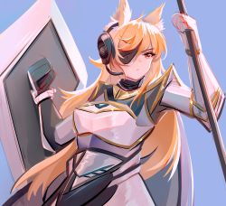 Rule 34 | 1girl, absurdres, animal ears, arknights, armor, blonde hair, blue background, breastplate, commentary request, eyepatch, hands up, headset, highres, holding, holding shield, long hair, luai, nearl (arknights), shield, simple background, solo, upper body, very long hair