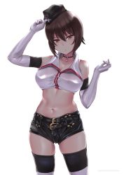 Rule 34 | 1girl, arm up, bare shoulders, belt, black shorts, black thighhighs, breasts, brown eyes, brown hair, choker, cleavage, commentary request, cowboy shot, crop top, elbow gloves, girls und panzer, gloves, hair between eyes, hand on headwear, hand up, hat, highres, large breasts, looking at viewer, midriff, military hat, navel, nishizumi maho, race queen, revision, shirt, short hair, short shorts, shorts, simple background, skindentation, sleeveless, sleeveless shirt, solo, standing, thighhighs, wa (genryusui), white background, white gloves, white shirt, wing collar