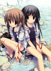 Rule 34 | 2girls, :o, absurdres, barefoot, black eyes, black hair, brown hair, child, feet, flat chest, gotou nao, hair bobbles, hair ornament, hands on feet, highres, long hair, multiple girls, old school swimsuit, one-piece swimsuit, red eyes, ribbon, rock, school swimsuit, sitting, smile, swimsuit, water