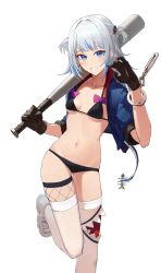 Rule 34 | 1girl, absurdres, baseball bat, bikini, blue eyes, blue hair, blush, breasts, commentary, cuffs, english commentary, female focus, gawr gura, gloves, grin, hair ornament, handcuffs, highres, hololive, hololive english, jacket, looking at viewer, medium hair, navel, shark hair ornament, simple background, small breasts, smile, solo, starshell, swimsuit, thighhighs, thighs, two side up, virtual youtuber, white footwear, white hair