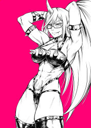 Rule 34 | 1girl, abs, absurdres, armlet, arms behind head, arms up, bikini, breasts, collar, commentary, cowboy shot, english commentary, glasses, greyscale, hair between eyes, highres, horns, kneesocks (psg), large breasts, looking at viewer, monochrome, muscular, muscular female, navel, panty &amp; stocking with garterbelt, parted lips, pointy ears, ponytail, simple background, single horn, solo, speedl00ver, spiked armlet, swimsuit, teeth, thighhighs