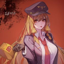 Rule 34 | 1girl, :p, blonde hair, brown gloves, chyan, collared shirt, copyright request, gloves, grey jacket, hat, highres, jacket, long hair, long sleeves, military hat, necktie, red background, red eyes, red necktie, shirt, smile, solo, tongue, tongue out, upper body, white shirt, wing collar