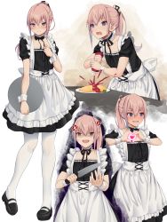 Rule 34 | 1girl, absurdres, act (xadachit), alternate costume, apron, black dress, black footwear, blue eyes, blush, dress, embarrassed, food, frills, full body, girls&#039; frontline, hair ornament, heart, heart hands, highres, ketchup, knife, long hair, multiple views, omelet, omurice, open mouth, pantyhose, pink hair, ponytail, smile, st ar-15 (girls&#039; frontline), standing, white apron, white pantyhose
