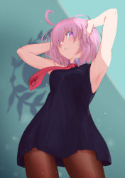 Rule 34 | 1girl, anianiani0607, brown pantyhose, collared shirt, dress, fate/grand order, fate (series), hand in own hair, hand on own head, highres, mash kyrielight, necktie, one eye covered, pantyhose, pink hair, purple eyes, red necktie, shirt, short hair, sleeveless, sleeveless dress, solo, type-moon