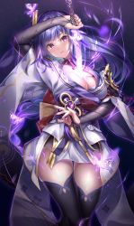 Rule 34 | 1girl, blush, braid, breasts, bridal gauntlets, cleavage, genshin impact, highres, japanese clothes, kimono, large breasts, long hair, looking at viewer, low-braided long hair, low-tied long hair, mole, mole under eye, parted lips, purple kimono, purple thighhighs, raiden shogun, smile, solo, thighhighs, thighs, vision (genshin impact), wagasi (wagasi157), weapon, wide sleeves