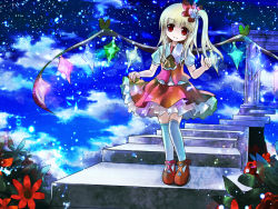 Rule 34 | 1girl, ascot, blonde hair, female focus, flandre scarlet, flower, full body, long hair, no headwear, no headwear, red eyes, risutaru, side ponytail, skirt, skirt hold, smile, solo, stairs, thighhighs, touhou, white thighhighs, wings