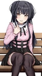 Rule 34 | 1girl, absurdres, black hair, black skirt, black thighhighs, blunt bangs, blunt ends, blush, feet out of frame, highres, idolmaster, idolmaster shiny colors, jirai kei, knees together feet apart, long hair, looking at viewer, mask, mask pull, mayuzumi fuyuko, mouth mask, neck ribbon, on bench, pink shirt, ribbon, shirt, simple background, sitting, skirt, smile, solo, suspender skirt, suspenders, take978733141, thighhighs, very long hair, white background