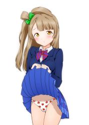 Rule 34 | 10s, 1girl, absurdres, blush, bow, breasts, brown eyes, brown hair, cameltoe, clothes lift, food print, green bow, hair bow, highres, lifting own clothes, long hair, looking at viewer, love live!, love live! school idol project, medium breasts, minami kotori, nise shelif, otonokizaka school uniform, panties, parted lips, print panties, school uniform, side ponytail, simple background, skirt, skirt lift, solo, standing, strawberry panties, strawberry print, underwear, white background