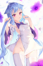 Rule 34 | 1girl, animal ears, armpits, bare shoulders, blue hair, braid, breasts, cowboy shot, detached sleeves, dress, floppy ears, flower, groin, highres, long hair, long sleeves, looking at viewer, mishuo (misuo69421), no panties, original, purple flower, red eyes, small breasts, solo, thighhighs, tongue, tongue out, very long hair, white dress, white thighhighs