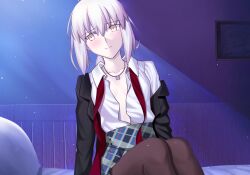 1girl alternate_costume artoria_pendragon_(all) artoria_pendragon_(fate) black_ribbon blonde_hair blush breasts fate/grand_order fate_(series) highres jacket jewelry longdq3008 looking_at_viewer medium_breasts necklace necktie on_bed open_clothes open_jacket open_shirt partially_undressed ribbon saber_alter short_hair sitting solo thighhighs undone_necktie yellow_eyes