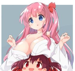 Rule 34 | 2girls, :d, areola slip, bare shoulders, blue eyes, blush, bow, breast rest, breasts, breasts on head, brown hair, cleavage, collarbone, cosplay, eyebrows, hair bow, haramura nodoka, japanese clothes, large breasts, long hair, looking down, looking up, miko, multiple girls, numenume (powa-ogutyogutyo), off shoulder, open mouth, pink hair, red bow, red eyes, saki (manga), short hair, short twintails, simple background, smile, tan, twintails, upper body, usuzumi hatsumi, usuzumi hatsumi (cosplay)