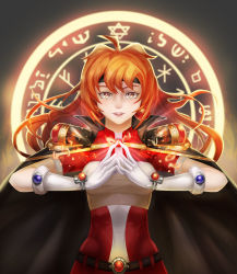 Rule 34 | 1girl, absurdres, brown eyes, cape, collared cape, cowboy shot, elbow gloves, gloves, highres, lina inverse, long hair, magic circle, magical girl, nayamer, orange hair, parted lips, slayers, solo, steepled fingers, white gloves