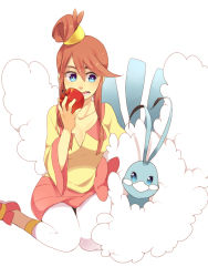 Rule 34 | 1girl, altaria, apple, blue eyes, breasts, cosplay, creatures (company), food, fruit, game freak, gen 3 pokemon, gym leader, hair ornament, holding, holding food, holding fruit, iris (pokemon), iris (pokemon) (cosplay), medium breasts, nintendo, pokemon, pokemon bw, red hair, shoes, skyla (pokemon), sneakers