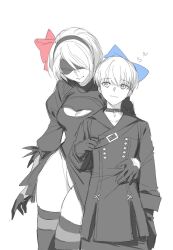 Rule 34 | 1boy, 1girl, 2b (nier:automata), 9s (nier:automata), blindfold, blue ribbon, bob cut, boots, choker, cleavage cutout, closed mouth, clothing cutout, coat, couple, cowboy shot, dress, duoj ji, feather-trimmed sleeves, gloves, hair ribbon, hairband, hand on another&#039;s waist, heart, highres, juliet sleeves, leotard, long sleeves, looking at another, mole, mole under mouth, monochrome, nier:automata, nier (series), pink ribbon, puffy sleeves, ribbon, short hair, smile, spot color, swept bangs, thigh boots, turtleneck, turtleneck dress, white background