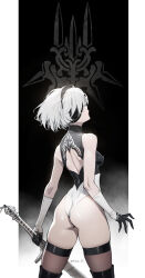 Rule 34 | 1girl, 2b (nier:automata), ass, back cutout, black blindfold, black hairband, black thighhighs, blindfold, boots, breasts, closed mouth, clothing cutout, cowboy shot, crying, elbow gloves, from behind, gloves, gradient background, hairband, headband, highleg, highleg leotard, highres, holding, holding sword, holding weapon, leotard, looking back, medium breasts, nier:automata, nier (series), profile, revision, short hair, siino, simple background, solo, streaming tears, sword, tears, thigh boots, thighhighs, thighhighs under boots, twitter username, two-tone gloves, two-tone leotard, weapon, white hair