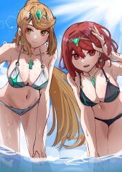 2girls absurdres adjusting_hair amausa_subee bare_shoulders bent_over bikini black_bikini blonde_hair breasts chest_jewel core_crystal_(xenoblade) cowboy_shot female_focus high_ponytail highres large_breasts long_hair multiple_girls mythra_(xenoblade) navel partially_submerged ponytail pyra_(xenoblade) red_eyes red_hair short_hair sketch swimsuit tiara wet white_bikini xenoblade_chronicles_(series) xenoblade_chronicles_2 yellow_eyes