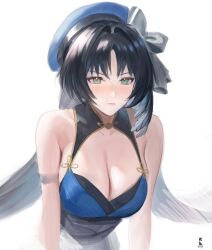 Rule 34 | 1girl, arm strap, bare shoulders, beret, black hair, blue beret, blue dress, blue hat, blush, breasts, cleavage, closed mouth, commentary, dress, english commentary, feather hair, green eyes, hat, highres, large breasts, leaning forward, long hair, parted hair, rh og69, sleeveless, sleeveless dress, solo, upper body, white background, wuthering waves, yangyang (wuthering waves)