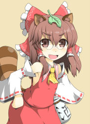 Rule 34 | 1girl, animal ears, ascot, blush, bow, brown eyes, brown hair, cosplay, detached sleeves, fang, female focus, futatsuiwa mamizou, glasses, hair bow, hair ornament, hair tubes, hakurei reimu, hakurei reimu (cosplay), hand on own hip, hecchi (blanch), hip focus, japanese clothes, jug (bottle), leaf, leaf on head, long hair, miko, object on head, open mouth, pince-nez, raccoon ears, raccoon tail, short hair, skirt, smile, solo, tail, touhou