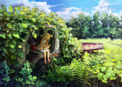 Rule 34 | 1girl, abandoned, absurdres, animal, animal on lap, bird, blonde hair, cloud, dog, dog on lap, dress, field, flower, hat, highres, long hair, motor vehicle, nao1524, nature, on lap, original, outdoors, plant, rust, sandals, scenery, sitting, sky, sleeping, solo, straw hat, sun hat, sundress, tree, truck, vines, white dress