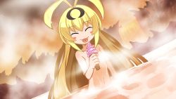 Rule 34 | 1girl, :p, ^ ^, absurdres, ahoge, antenna hair, blonde hair, blush stickers, closed eyes, fang, food, game cg, highres, ice cream, long hair, makai shin trillion, naked towel, nanameda kei, official art, onsen, partially submerged, perpell, pointy ears, solo, steam, tattoo, tongue, tongue out, towel, very long hair