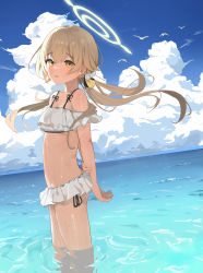 Rule 34 | 1girl, absurdres, akadashi1210, arms behind back, bikini, bird, blue archive, cloud, floating hair, frilled bikini, frills, from side, halo, hifumi (blue archive), hifumi (swimsuit) (blue archive), highres, holding own arm, horizon, light brown hair, long hair, looking at viewer, low twintails, ocean, open mouth, outdoors, ribbon-trimmed bikini, smile, solo, swimsuit, twintails, wading pool, water, wet, white bikini, wind, yellow eyes