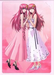 Rule 34 | 00s, 2girls, :o, alternate costume, april, belt, blue eyes, breasts, calendar, choker, cleavage, dress, floral print, flower, formal, gundam, gundam seed, gundam seed destiny, hair ornament, high heels, highres, higurashi ryuuji, holding hands, lace, lacus clyne, large breasts, lipstick, long hair, looking at viewer, looking back, makeup, march, meer campbell, multiple girls, official art, open mouth, parted bangs, pink hair, profile, ribbon, scan, shoes, smile, standing, star (symbol), star hair ornament, tiptoes, very long hair