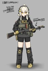 Rule 34 | 1girl, absurdres, black jacket, black shorts, black socks, blonde hair, body armor, borrowed character, child, chinese commentary, commission, dated, flashlight, gloves, grey background, gun, headset, highres, holster, jacket, kneehighs, kochiya tenko, load bearing vest, original, patch, pump action, shorts, shotgun, shotgun shell, shoulder patch, sidelocks, signature, smile, socks, solo, standing, star (symbol), tactical clothes, weapon, winchester model 1897, yellow eyes, yellow gloves