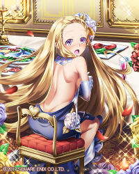 Rule 34 | 1girl, :o, backless dress, backless outfit, bad arm, bad id, bad pixiv id, bare shoulders, blonde hair, blue dress, blush, breast hold, breasts, bridal gauntlets, candle, candlestand, chair, covering chest, covering privates, dress, earrings, flower, food, glass, hair flower, hair ornament, hm (tolosalmon), indoors, isis (venus rumble), jewelry, large breasts, long hair, looking at viewer, looking back, official art, plate, red carpet, shoulder blades, sitting, sparkle, unfastened, unstrapped, venus rumble, very long hair, watermark