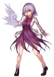 Rule 34 | 1girl, breasts, brooch, dress, full body, hair over one eye, hand on own face, highres, ibuki notsu, jewelry, kishin sagume, long sleeves, looking at viewer, purple hair, red eyes, shoes, short hair, single wing, solo, standing, touhou, transparent background, wings