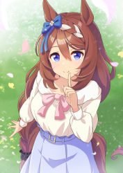 Rule 34 | 1girl, animal ears, belt, blue eyes, blue skirt, bow, bowtie, braid, braided ponytail, breasts, brown hair, crown braid, hand up, highres, horse ears, horse girl, horse tail, index finger raised, long hair, long sleeves, looking at viewer, low ponytail, medium breasts, open mouth, outdoors, pink bow, pink bowtie, shiromaru illust, shirt, skirt, solo, super creek (umamusume), tail, umamusume, very long hair