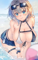 Rule 34 | 1girl, absurdres, ball, beachball, bikini, blue bikini, blue eyes, breasts, cleavage, commentary request, eyewear on head, grey hair, highres, hololive, huge breasts, large breasts, leaning forward, looking at viewer, microskirt, mole, mole on breast, multicolored bikini, multicolored clothes, niii, pleated skirt, shirogane noel, short hair, skindentation, skirt, smile, solo, sunglasses, swimsuit, thigh strap, virtual youtuber, water, white bikini