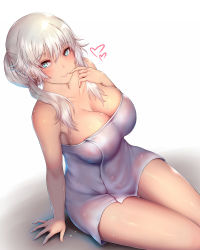 Rule 34 | 1girl, aqua eyes, artemis (fate), bare shoulders, breasts, cleavage, dutch angle, fate/grand order, fate (series), large breasts, long hair, looking at viewer, naked towel, nikuku (kazedesune), simple background, sketch, smile, solo, thighs, towel, tsurime, wet, white background, white hair