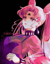 Rule 34 | 1girl, bishoujo senshi sailor moon, black background, black lady (sailor moon), breasts, chibi usa, cleavage, commentary request, cone hair bun, crescent, crescent facial mark, crystal earrings, dated, double bun, dress, earrings, facial mark, forehead mark, hair bun, jewelry, medium breasts, pink eyes, pink hair, purple dress, see-through, see-through cleavage, serious, signature, solo, twintails, upper body, v-shaped eyebrows, yukinami (paru26i)