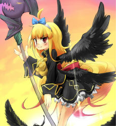 Rule 34 | 00s, 1girl, blonde hair, blush, bow, dungeon and fighter, feathers, hair bow, hairband, long hair, mage (dungeon and fighter), red eyes, smile, solo, staff, taker, taker (flamestorm), very long hair, wings