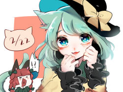 Rule 34 | !?, 2girls, animal ears, black headwear, blue eyes, blunt bangs, blush stickers, border, bow, braid, cat ears, cat girl, cat tail, chibi, chibi inset, closed eyes, collar, collared shirt, commentary request, dated, dress, eyelashes, frilled shirt collar, frilled sleeves, frills, green bow, green collar, green dress, green hair, hair bow, hands on own face, hat, hat bow, juliet sleeves, kaenbyou rin, kemonomimi mode, komeiji koishi, long sleeves, looking at viewer, medium hair, multiple girls, multiple hair bows, open mouth, puffy sleeves, red background, red hair, shirt, smile, speech bubble, square, suzune hapinesu, tail, touhou, twin braids, upper body, white border, wide sleeves, yellow bow, yellow shirt