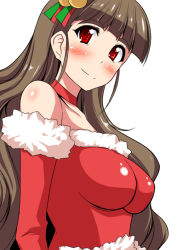 Rule 34 | 1girl, bare shoulders, bell, blunt bangs, blush, breasts, brown hair, choker, christmas, closed mouth, commentary request, crop top, elbow gloves, from side, fur-trimmed gloves, fur-trimmed shirt, fur trim, gloves, idolmaster, idolmaster cinderella girls, kamiya nao, long hair, looking at viewer, looking to the side, medium breasts, raised eyebrows, red choker, red eyes, red gloves, ringed eyes, santa costume, shiny clothes, shirt, simple background, smile, solo, stiel, thick eyebrows, upper body, very long hair, white background